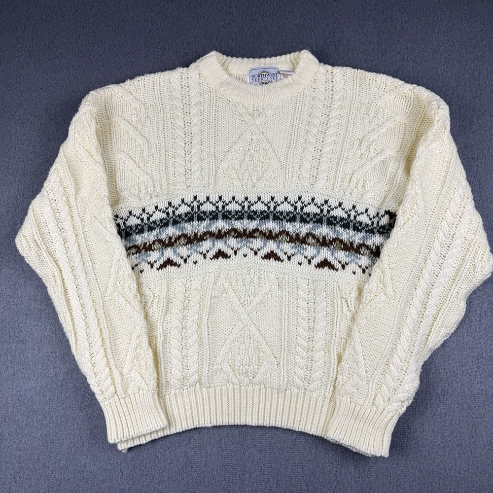 Vintage Northwest Territory Sweater Womens Large Fisherman Cable Knit 90s Ivory